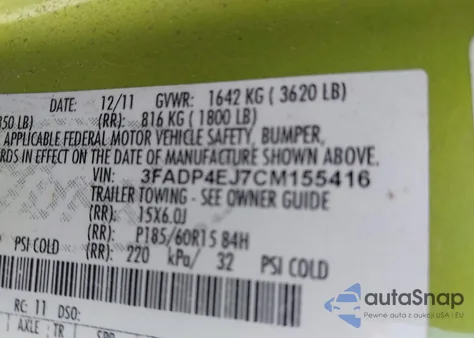 2012 Ford Fiesta Se from USA, damaged, VIN 3FADP4EJ7CM155416